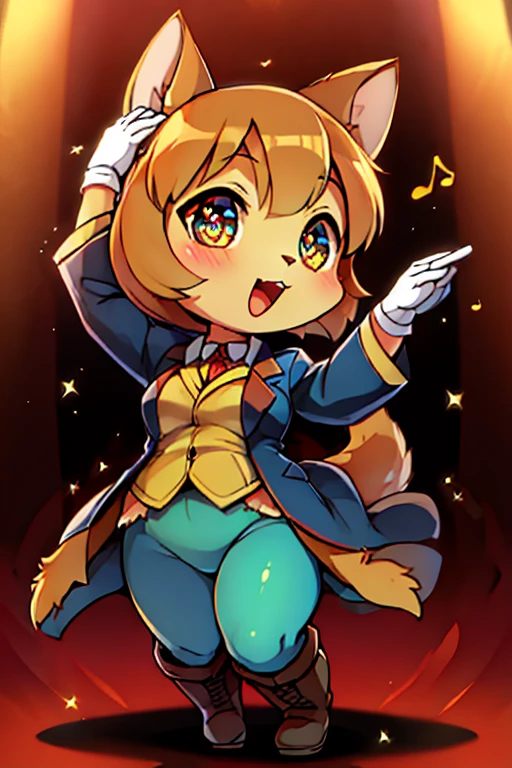 2boys, green tights squirrel, blue tights cat, furry, bodyfur, blazer, bottomless, gloves, boots, chibi, sparkling eyes, idol, dancing, singing
