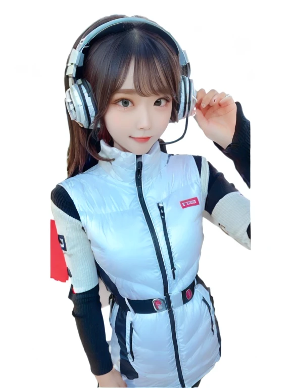 masterpiece, highest quality, Very detailed, 8K Portrait,japanese android girl,Plump , Control panel,Robotic arms and legs, Blunt bangs,,BREAK (metallic gray, metallic luster, mirror finish, astrovest):5,headphone:5,BREAK (black sleeves):100,smartwatch,futuristic airport,space station,BREAK headphone,blue eyes,(black hair):2,(long hair):1.3,look at viewer,(Respirator),BREAK blush:3,hidden hands,smile