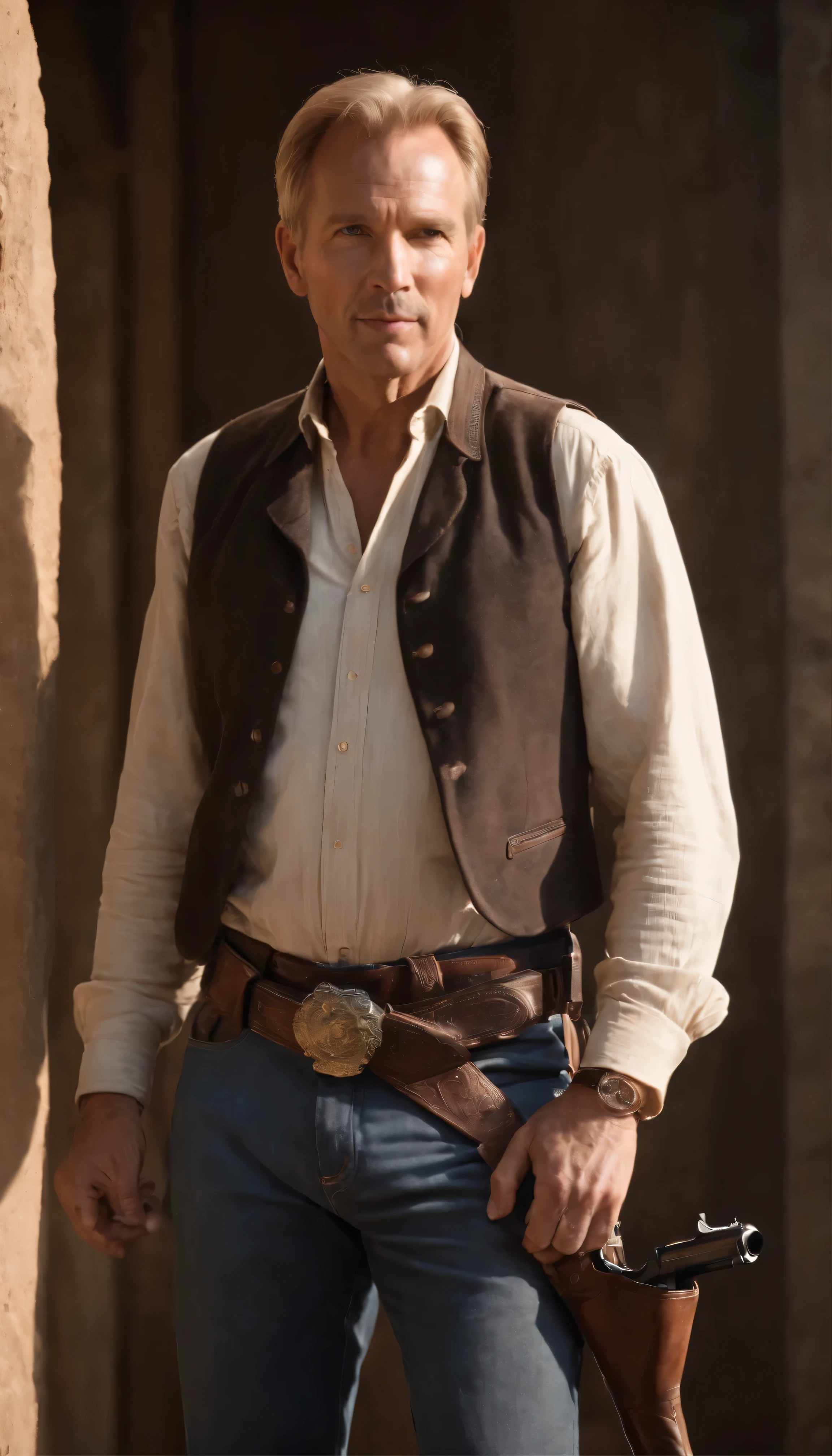 High-definition video(movie:Silverado)In the movie scene、Kevin Costner, the blonde haired man、Bright smile and confidence at the bar々Standing in。Wearing trousers and a cowboy shirt、The intricately detailed fabric shimmers under the warm lighting.。The boots are polished to a mirror finish and feature intricate designs.、A sturdy belt holds the gun holster in place。High-resolution rendering of Western movies、Highlights the high contrast between light and shadow。He had two guns in his hands、Its metallic luster reflects the warm light of the bar.、People around you々It has an intimidating presence that attracts