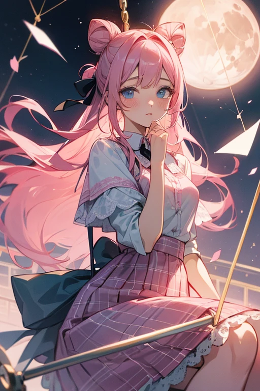 Adult Female, Pretty, Pale, Manga Marvel Illustration Art, Long Pink hair, black ribbons and hair buns, grey blue eyes, White blouse lace with sakura details, pastel pink plaid skirt, slight blush, moon accessory, constellation background, quiet confident expression, hand close to her mouth, white hamster on shoulder, she's on a dreamy swing