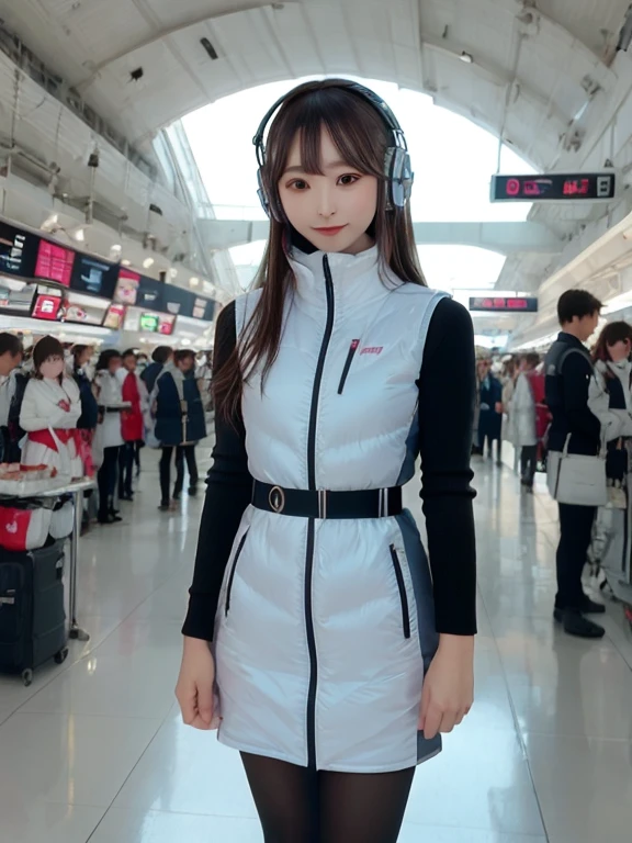 masterpiece, highest quality, Very detailed, 8K Portrait,japanese android girl,Plump , Control panel,Robotic arms and legs, Blunt bangs,,BREAK (metallic gray, metallic luster, mirror finish, astrovest):5,headphone:5,BREAK (black sleeves):100,smartwatch,futuristic airport,space station,BREAK headphone,blue eyes,(black hair):2,(long hair):1.3,look at viewer,(Respirator),BREAK blush:3,hidden hands,smile
