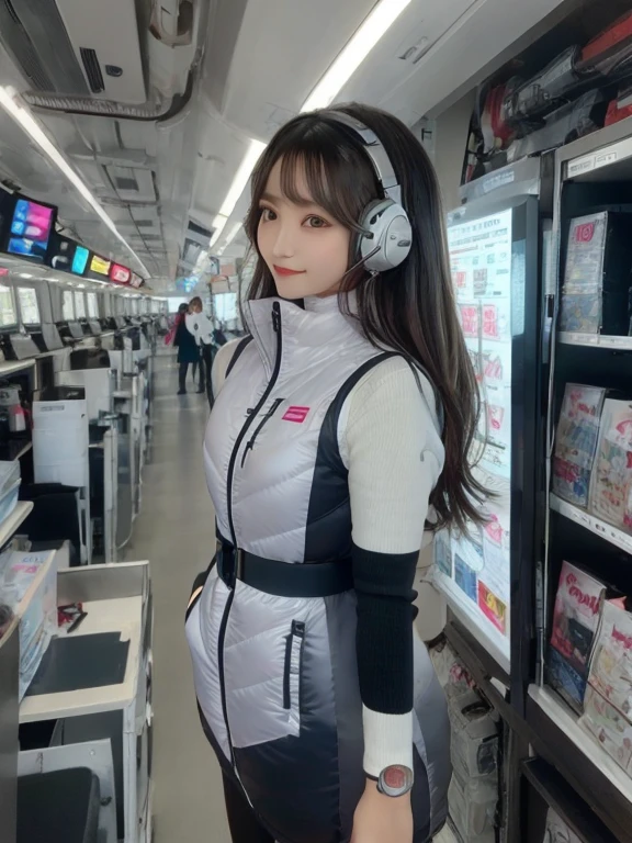 masterpiece, highest quality, Very detailed, 8K Portrait,japanese android girl,Plump , Control panel,Robotic arms and legs, Blunt bangs,,BREAK (metallic gray, metallic luster, mirror finish, astrovest):5,headphone:5,BREAK (black sleeves):100,smartwatch,futuristic airport,space station,BREAK headphone,blue eyes,(black hair):2,(long hair):1.3,look at viewer,(Respirator),BREAK blush:3,hidden hands,smile