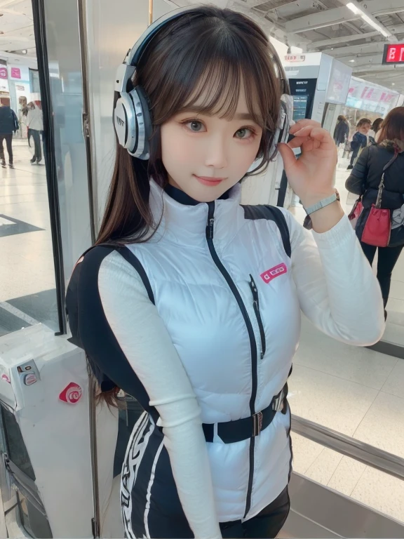 masterpiece, highest quality, Very detailed, 8K Portrait,japanese android girl,Plump , Control panel,Robotic arms and legs, Blunt bangs,,BREAK (metallic gray, metallic luster, mirror finish, astrovest):5,headphone:5,BREAK (black sleeves):100,smartwatch,futuristic airport,space station,BREAK headphone,blue eyes,(black hair):2,(long hair):1.3,look at viewer,(Respirator),BREAK blush:3,hidden hands,smile