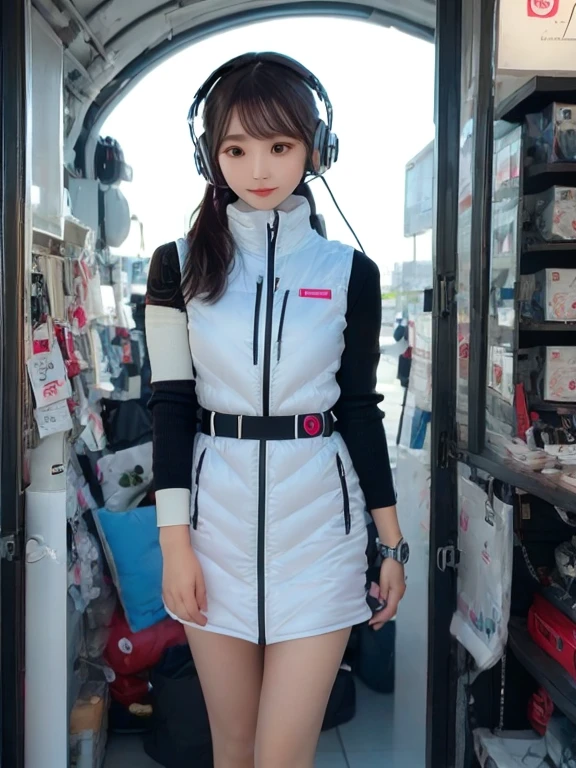 masterpiece, highest quality, Very detailed, 8K Portrait,japanese android girl,Plump , Control panel,Robotic arms and legs, Blunt bangs,,BREAK (metallic gray, metallic luster, mirror finish, astrovest):5,headphone:5,BREAK (black sleeves):100,smartwatch,futuristic airport,space station,BREAK headphone,blue eyes,(black hair):2,(long hair):1.3,look at viewer,(Respirator),BREAK blush:3,hidden hands,smile