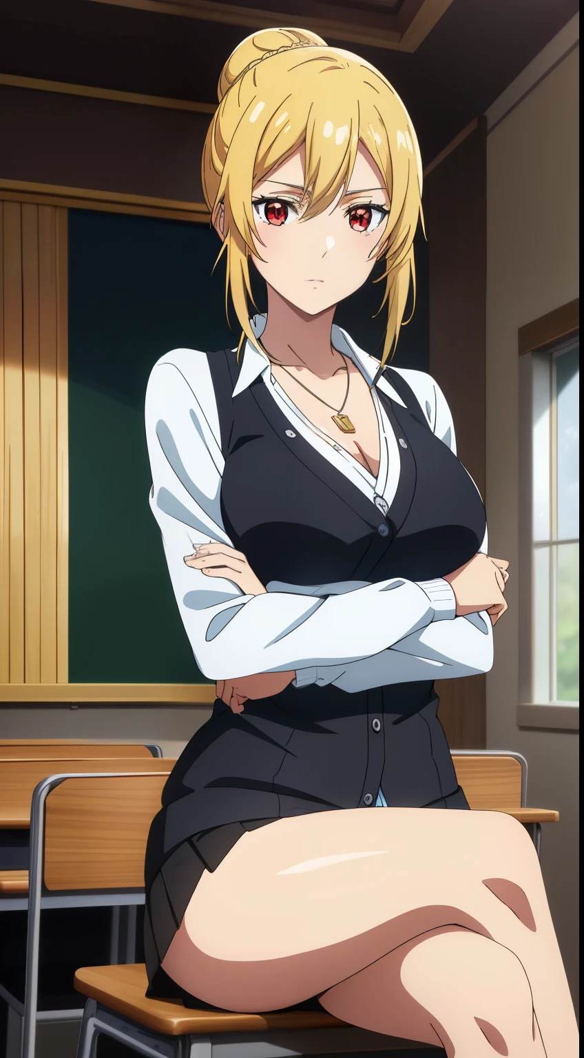 best quality, high resolution, 8K, anime art style, beautiful detailed eyes, extremely detailed face, soft expression, stylish pose, Angelica V4,1girl,solo,red eyes, (collared shirt, white shirt, necklace, jewelry, black sweater, cardigan, miniskirt,panties, classroom, cowboy shot), looking at the audience, in the center of the image, beautiful large medium-sized breasts, beautiful face, slim waist, appealing, soft lighting,Crossing your legs, Sitting