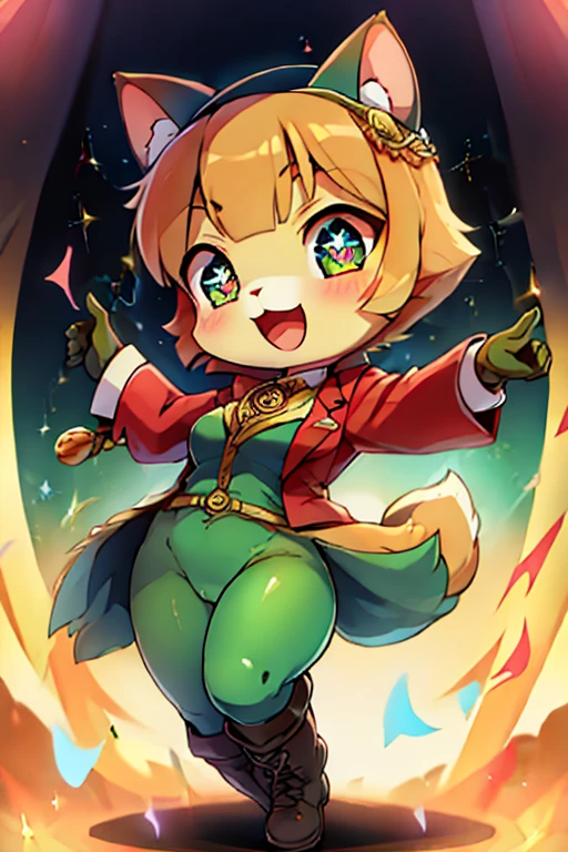 boy, squirrel, furry, bodyfur, green bra, bottomless, green gloves, green boots, chibi, smile, sparkling eyes, penis, testicles, idol, dancing, singing
