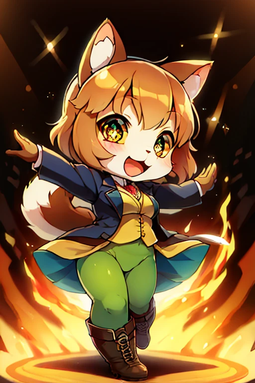 2boys, green tights squirrel and blue tights cat, furry, bodyfur, blazer, bottomless, gloves, boots, chibi, sparkling eyes, idol, dancing, singing