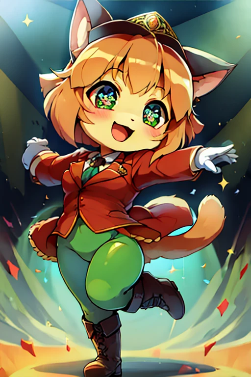 boy, squirrel, furry, bodyfur, blazer, bottomless, green tights, gloves, boots, chibi, sparkling eyes, idol, dancing, singing, looking back