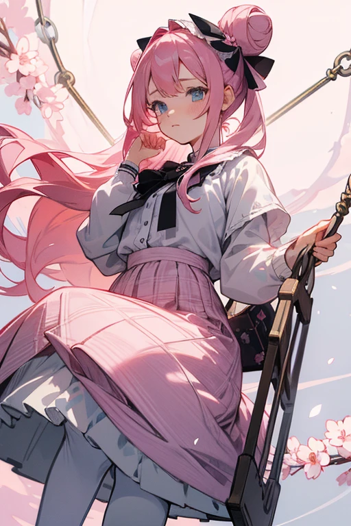Adult Female, Pretty, Pale, Manga Marvel Illustration Art, Long Pink hair, black ribbons and hair buns, grey blue eyes, White blouse lace with sakura details, pastel pink plaid skirt, slight blush, moon accessory, constellation background, quiet confident expression, hand close to her mouth, white hamster on shoulder, she's on a dreamy swing