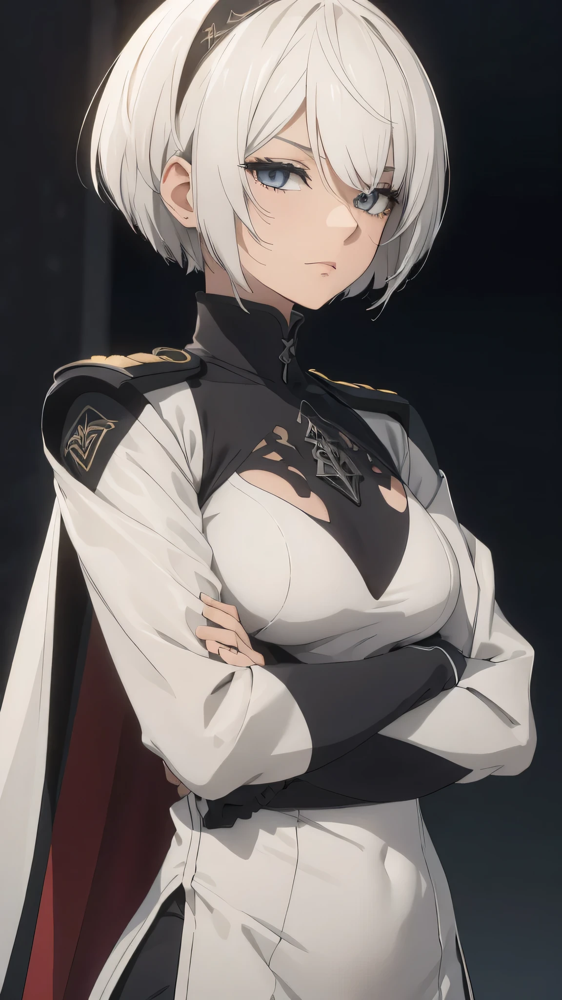 extremely detailed CG unity 8k wallpaper), (masterpiece), (best quality), (ultra-detailed), (best illustration), (best shadow), (absurdres) ,(detailed eyes), 2b, 1girl, short hair, white hair, solo, Intimidating women, admiral uniform, night, hero pose, white clothes, General Uniform, Military Uniform, Sunlight, exposed to sunlight,commander, fighting pose, wearing cape, talking with someone