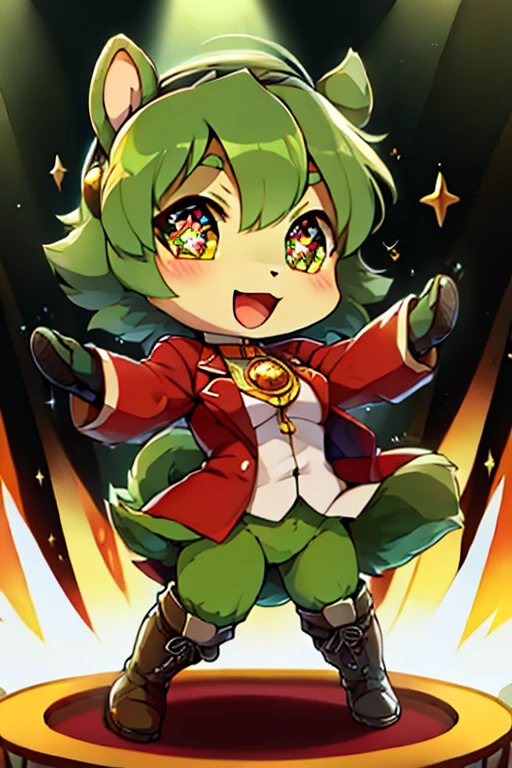 boy, green tights squirrel, furry, bodyfur, blazer, bottomless, gloves, boots, chibi, sparkling eyes, idol, dancing, singing