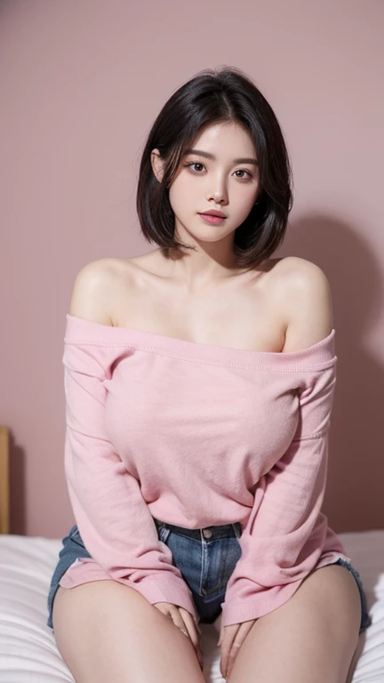 Cool beauty,Looks sweet,bob haistyle, (wearing pink oversize t-shirt, off-shoulders), show clavage, show big thigh, plump body, huge breast, full body photo, sitting on the bed. Dark background.