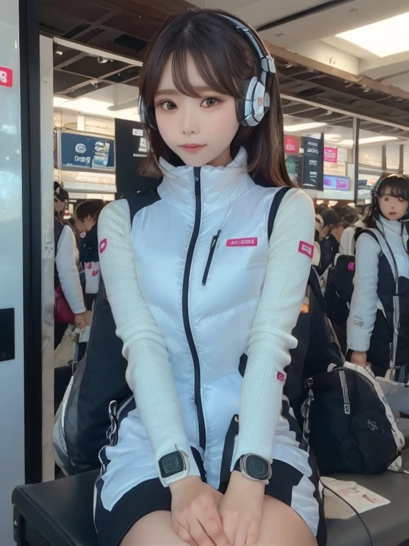 masterpiece, highest quality, Very detailed, 8K Portrait,japanese android girl,Plump , Control panel,Robotic arms and legs, Blunt bangs,,BREAK (metallic gray, metallic luster, mirror finish, astrovest):5,headphone:5,BREAK (black sleeves):100,smartwatch,futuristic airport,space station,BREAK headphone,blue eyes,(black hair):2,(long hair):1.3,look at viewer,(Respirator),BREAK blush:3,hidden hands,smile