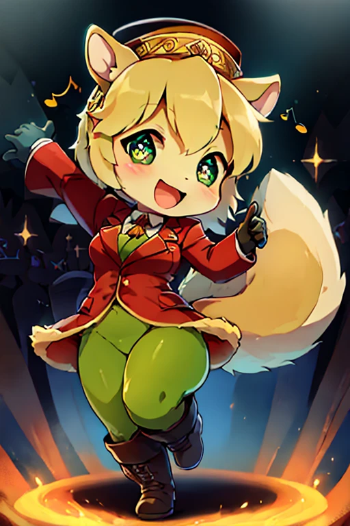 boy, green tights squirrel, furry, bodyfur, tail, blazer, bottomless, gloves, boots, chibi, sparkling eyes, idol, dancing, singing