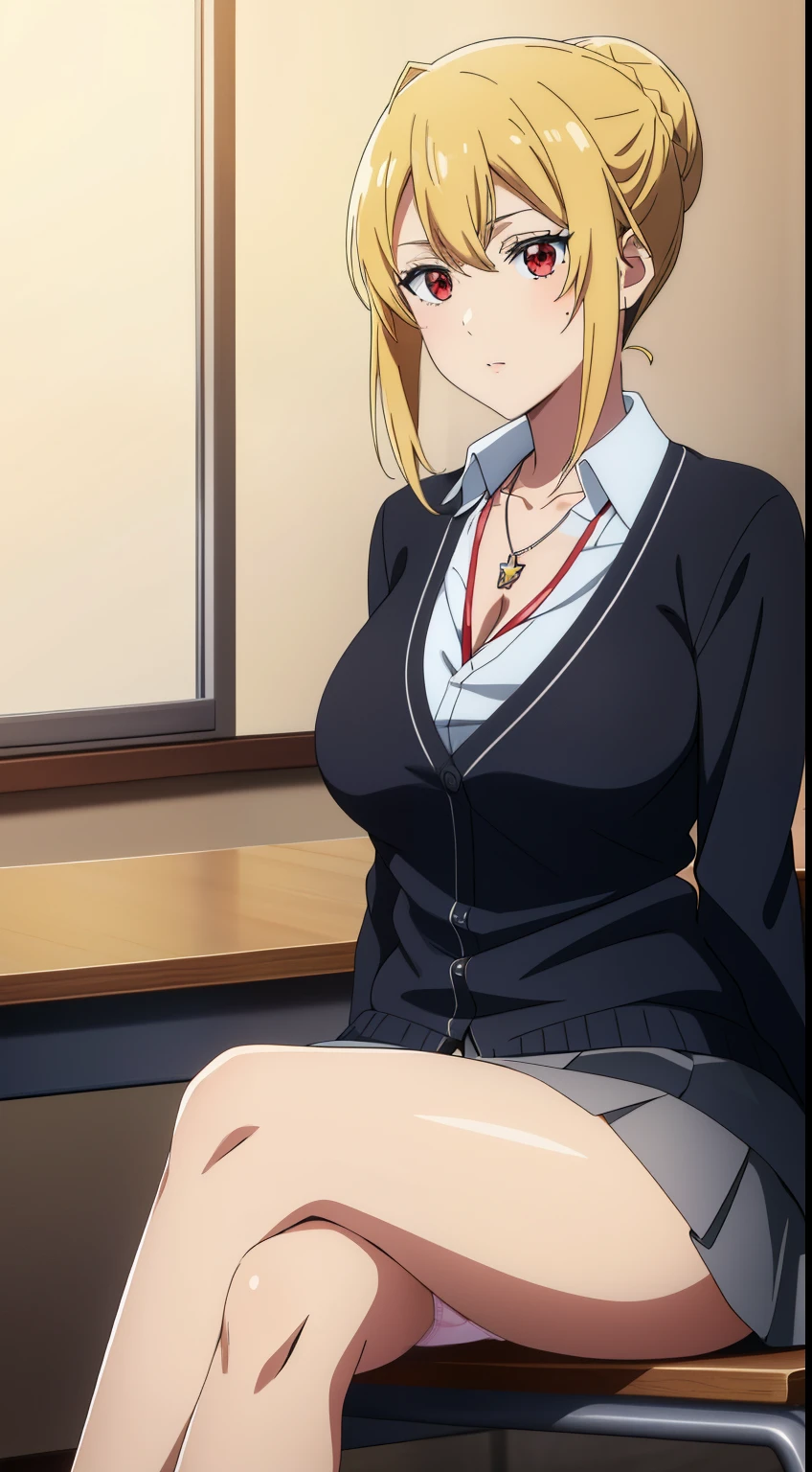 best quality, high resolution, 8K, anime art style, beautiful detailed eyes, extremely detailed face, soft expression, stylish pose, Angelica V4,1girl,solo,red eyes, (collared shirt, white shirt, necklace, jewelry, black sweater, cardigan, miniskirt,panties, classroom, cowboy shot), looking at the audience, in the center of the image, beautiful large medium-sized , beautiful face, slim waist, appealing, soft lighting,Crossing your legs, Sitting
