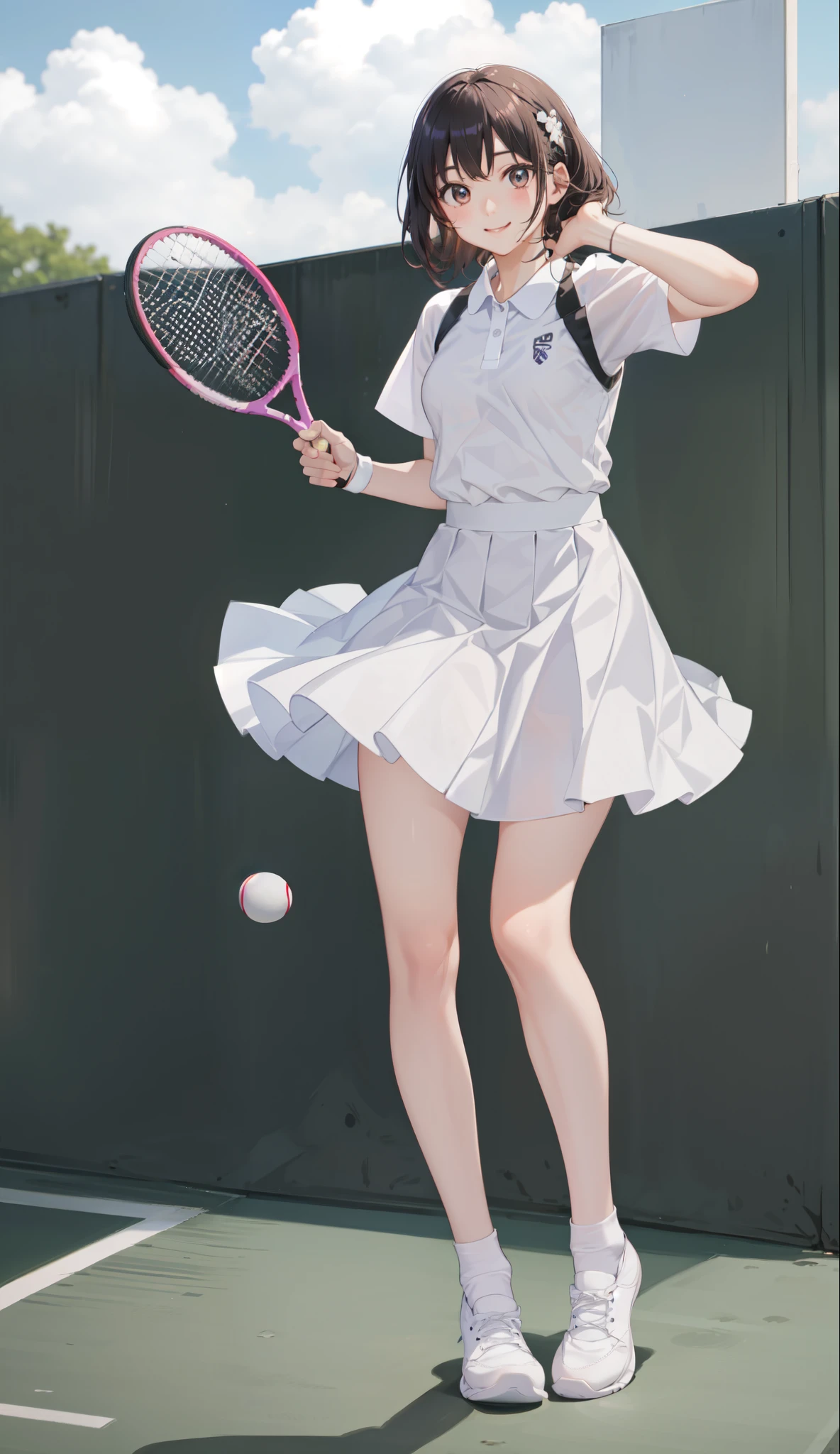 full body,1The girls、shirts、pleatedskirt、、Bob Hair Style、a smile、delightful!、japanes、enmaided、Chromo-white skin、Beautiful eyes、(small tits)、Playing tennis、Wimbledon、Wearing white tennis wear、Movie Lighting、