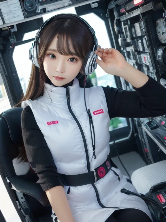 masterpiece, highest quality, Very detailed, 8K Portrait,japanese android girl,Plump , Control panel,Robotic arms and legs, Blunt bangs,,BREAK (metallic gray, metallic luster, mirror finish, astrovest):5,headphone:5,BREAK (black sleeves):100,smartwatch,futuristic space station,control room,BREAK headphone,blue eyes,(black hair):2,(long hair):1.3,look at viewer,(Respirator),BREAK blush:3,hidden hands,smile