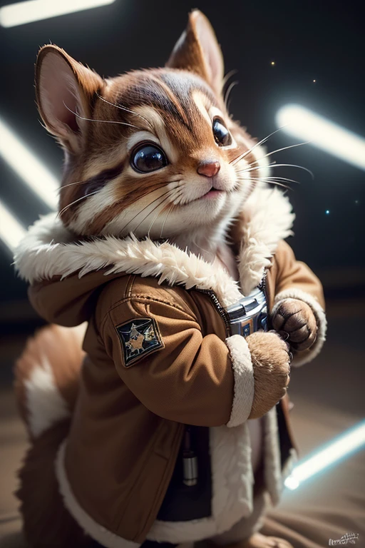 (best quality,ultra-detailed,realistic,photorealistic:1.37),furry chipmunk wearing a Star Wars Jedi uniform,adorable,soft,fuzzy,playful,expressive brown eyes,small and rounded body,tiny paws,detailed Jedi robe with brown fabric and hood,lightsaber,light side of the Force,galactic background,vivid colors,warm lighting,