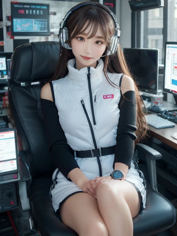 masterpiece, highest quality, Very detailed, 8K Portrait,japanese android girl,Plump , Control panel,Robotic arms and legs, Blunt bangs,,BREAK (metallic gray, metallic luster, mirror finish, astrovest):5,headphone:5,BREAK (black sleeves):100,smartwatch,futuristic space station,control room,BREAK headphone,blue eyes,(black hair):2,(long hair):1.3,look at viewer,(Respirator),BREAK blush:3,hidden hands,smile