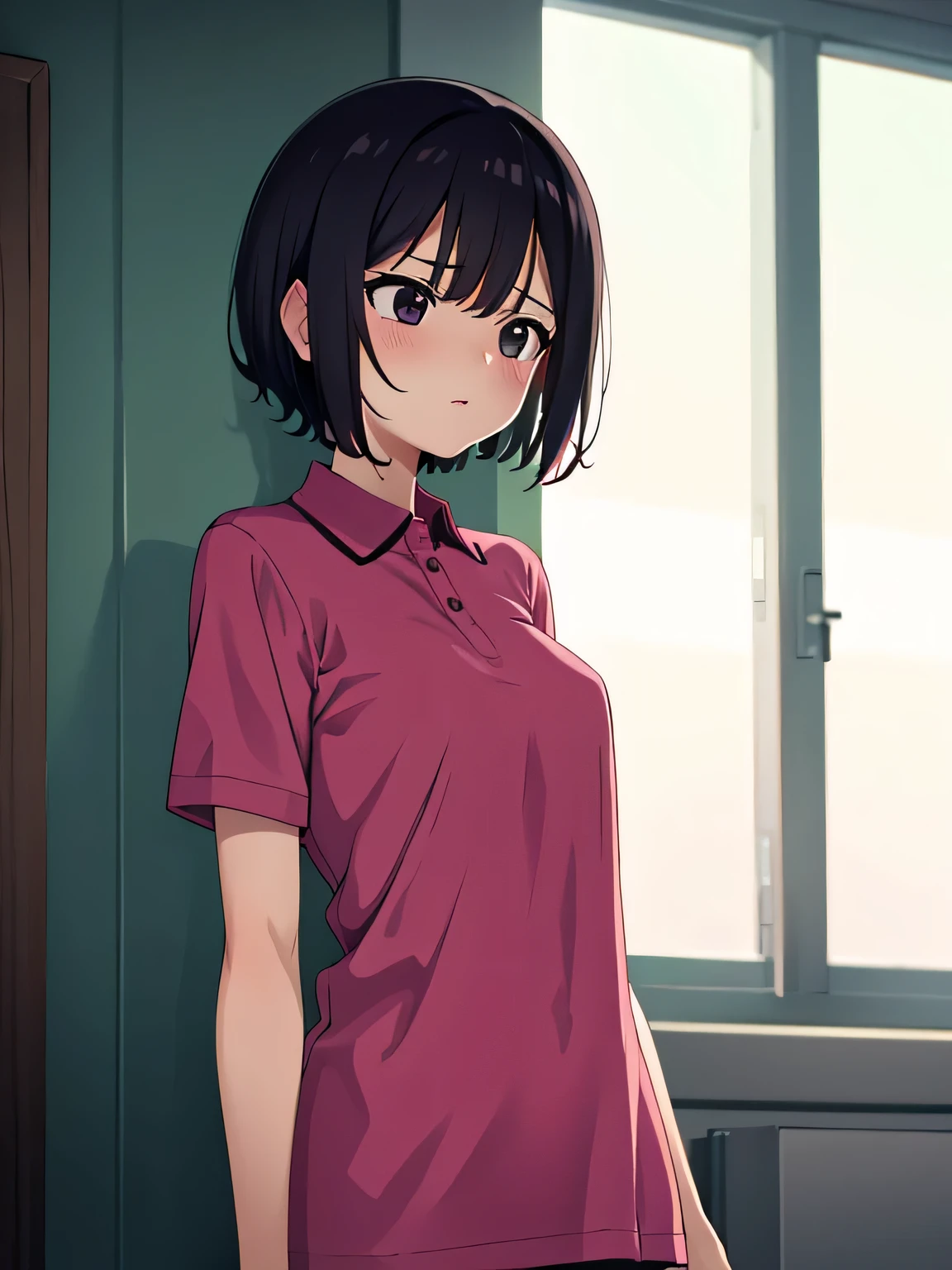 1. Beautiful girl in a magenta polo shirt, short hair, Small breasts, Embarrassing, Beautiful fingers, Shyness, worries, Black Hair, No underwear, Bending over, naked, nude, black eyes, hospital, beautiful, cute, high quality, short sleeves No bra Glasses