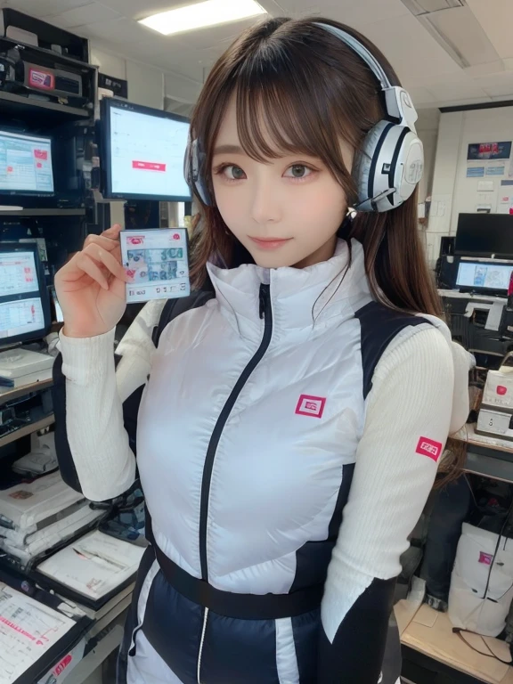 masterpiece, highest quality, Very detailed, 8K Portrait,japanese android girl,Plump , Control panel,Robotic arms and legs, Blunt bangs,,BREAK (metallic gray, metallic luster, mirror finish, astrovest):5,headphone:5,BREAK (black sleeves):100,smartwatch,futuristic space station,control room,BREAK headphone,blue eyes,(black hair):2,(long hair):1.3,look at viewer,(Respirator),BREAK blush:3,hidden hands,smile