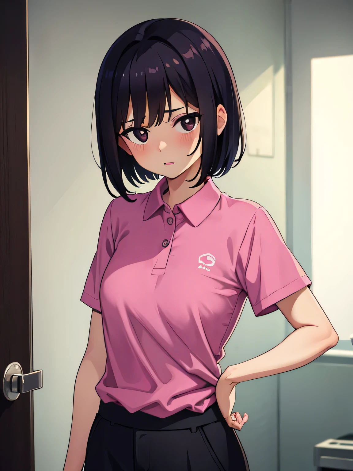 1. Beautiful girl in a magenta polo shirt, short hair, Small breasts, Embarrassing, Beautiful fingers, Shyness, worries, Black Hair, No underwear, Bending over Black eyes Hospital Beautiful Cute High quality Short sleeves No bra, naughty lips