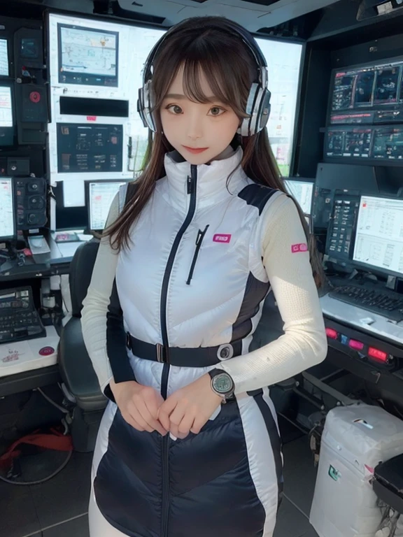 masterpiece, highest quality, Very detailed, 8K Portrait,japanese android girl,Plump , Control panel,Robotic arms and legs, Blunt bangs,,BREAK (metallic gray, metallic luster, mirror finish, astrovest):5,headphone:5,BREAK (black sleeves):100,smartwatch,futuristic space station,control room,BREAK headphone,blue eyes,(black hair):2,(long hair):1.3,look at viewer,(Respirator),BREAK blush:3,hidden hands,smile