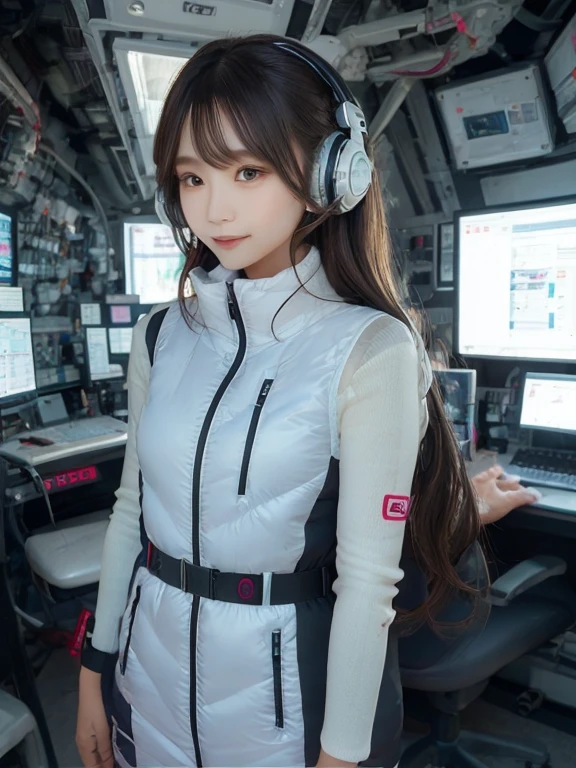 masterpiece, highest quality, Very detailed, 8K Portrait,japanese android girl,Plump , Control panel,Robotic arms and legs, Blunt bangs,,BREAK (metallic gray, metallic luster, mirror finish, astrovest):5,headphone:5,BREAK (black sleeves):100,smartwatch,futuristic space station,control room,BREAK headphone,blue eyes,(black hair):2,(long hair):1.3,look at viewer,(Respirator),BREAK blush:3,hidden hands,smile