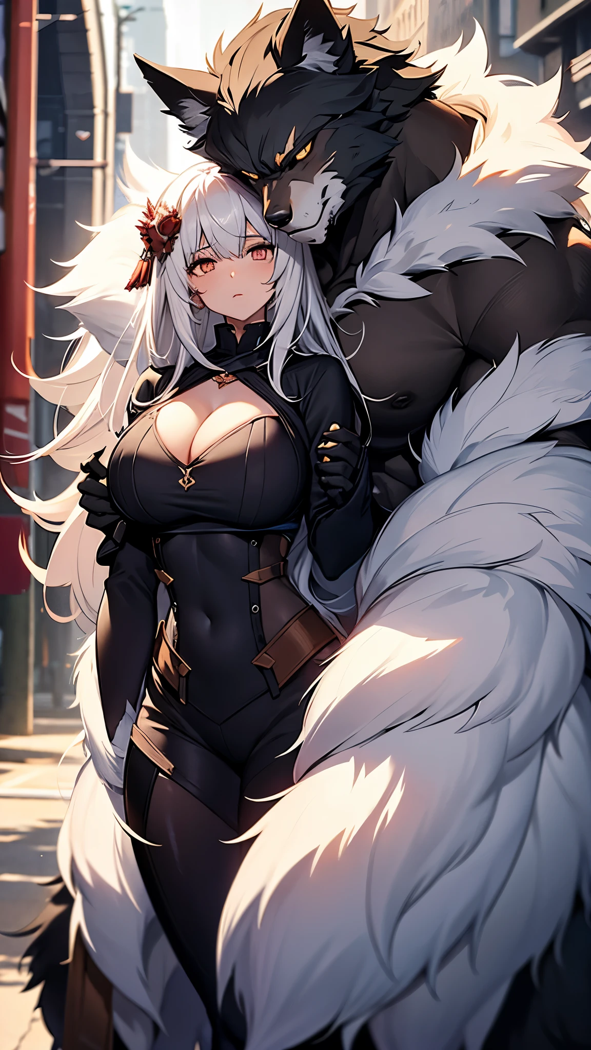 A wolf-like beastman with white fur all over his body、A girl with a big chest and black bob hair、A love story between a human girl and a giant werewolf,  Love romance, pair, Height difference, Physical differences, Perfect Anatomy, 