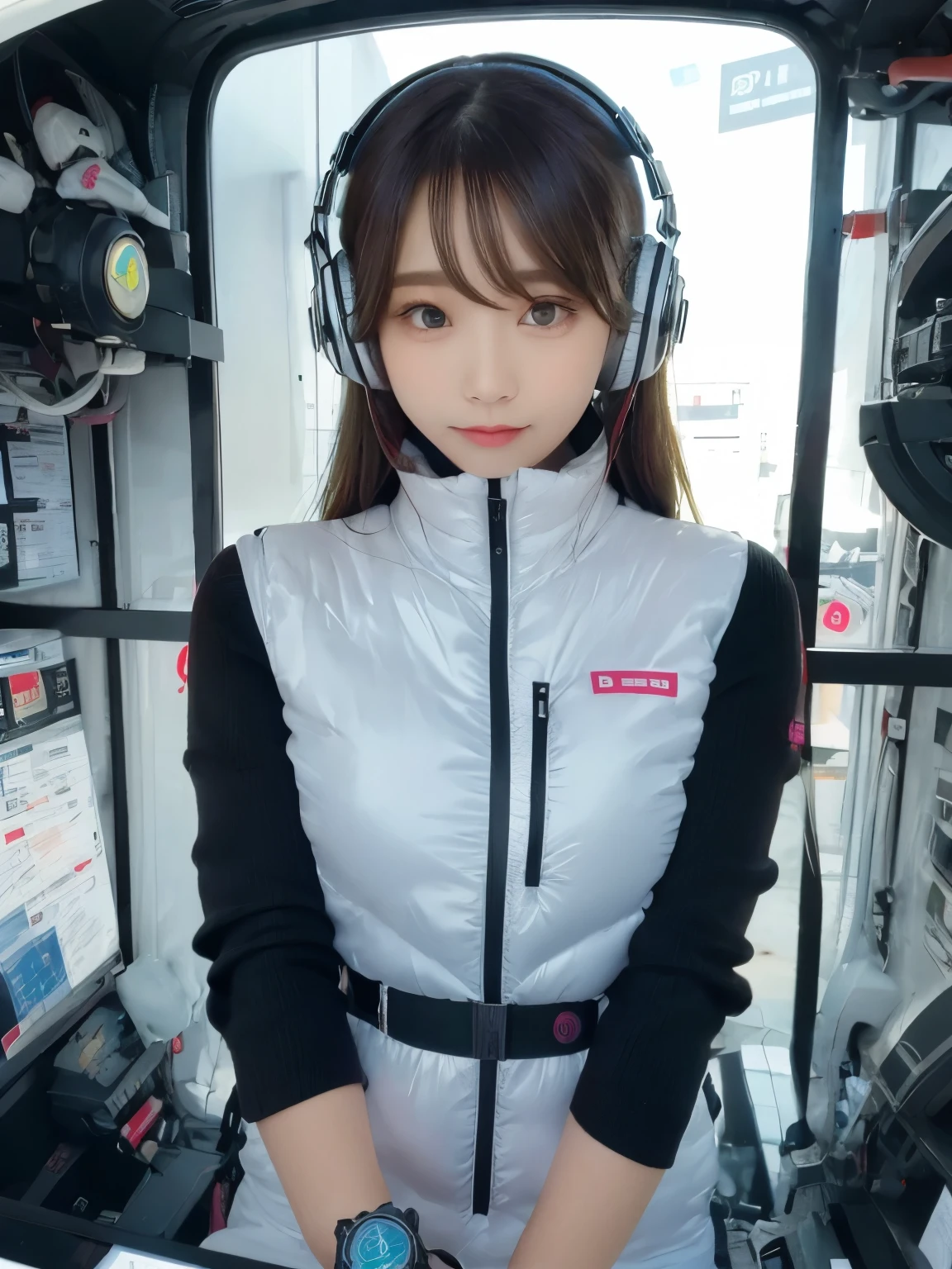 masterpiece, highest quality, Very detailed, 8K Portrait,japanese android girl,Plump , Control panel,Robotic arms and legs, Blunt bangs,,BREAK (metallic gray, metallic luster, mirror finish, astrovest):5,headphone:5,BREAK (black sleeves):100,smartwatch,futuristic space station,control room,BREAK headphone,blue eyes,(black hair):2,(long hair):1.3,look at viewer,(Respirator),BREAK blush:3,hidden hands,smile