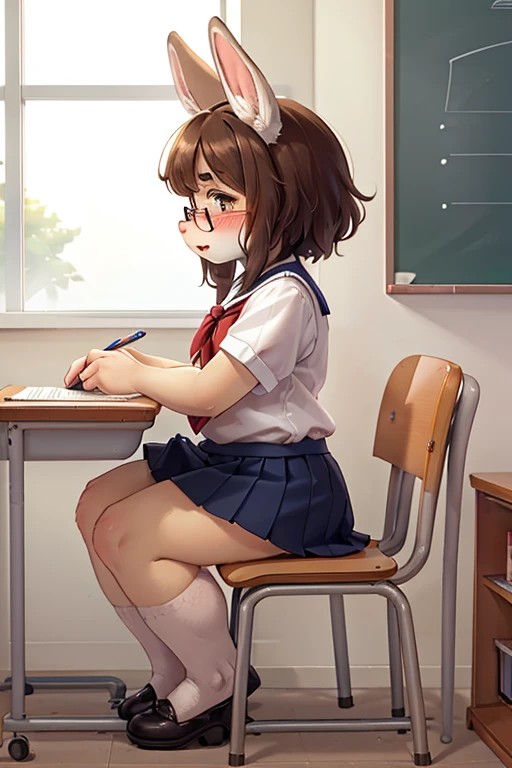 left side view , focus face , hairy bunny Short stature girl , (realistic hairy bunny fur:1.2) , round Mumps face , (tilt face:1.2) , geek , round eyes , Swollen cheeks , shy , glossy lips , in the school , Class is in progress , school sailor , skirt , sit on chair , Looking Ahead , Bored attitude , Kneel on the desk , Write in a notebook
