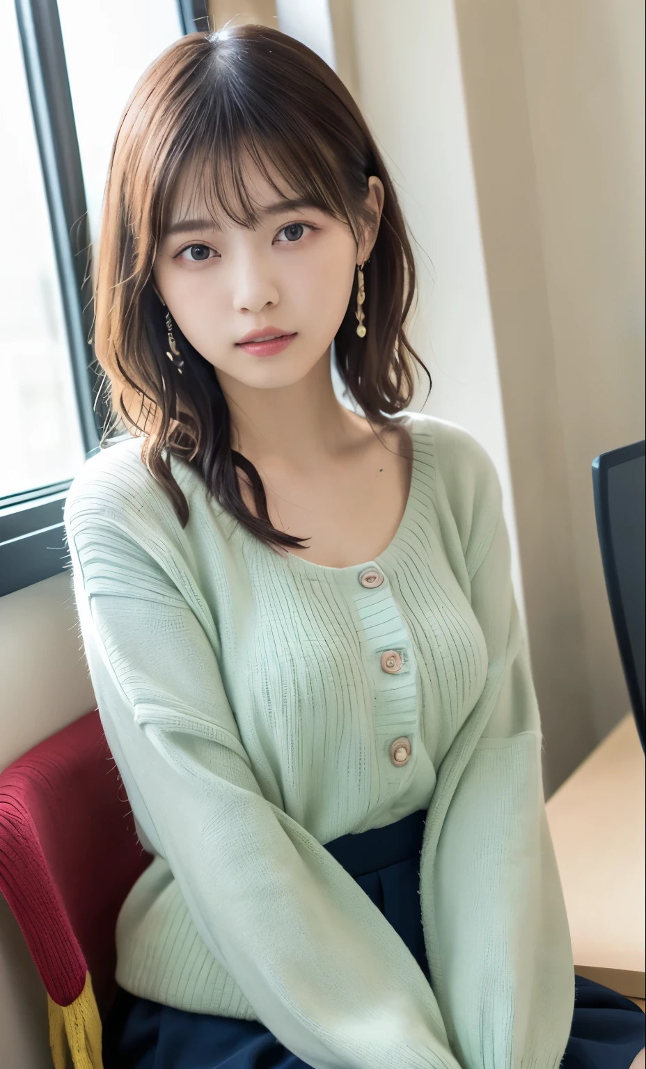 masterpiece、highest quality、16k、High resolution、超High resolution,Very detailed、Soft Light、Professional Lighting、Pale shading、Low contrast、Japanese、beautiful girl、Slender women、daytime office、Window seat、sitting in front of a computer、(Knitwear that fits snugly around the breasts(Grayish light green))、Shoulder drops、Navy Pleated Skirt、Small Mouth、(Beautiful thighs:1.6)、(Large Breasts:1.4)、Underwear is visible、Breasts protruding、Fine and beautiful eyes、(Hanging eyes)、(Thin eyebrows)、(Thin lips)、sad、(Long Wavy Hair、High Ponytail),(Asymmetrical bangs)、