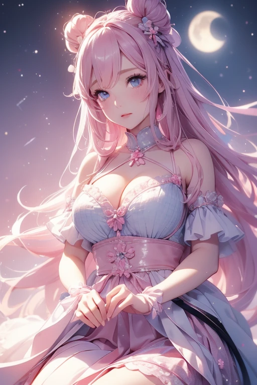 Adult Female, Pretty, Pale, Long Pink hair, black ribbons and hair buns, grey blue eyes, White blouse lace with sakura details, pastel pink plaid skirt, slight blush, moon accessory, constellation background, quiet confident expression, hand close to her mouth, white hamster on shoulder, she's on a dreamy swing, cleavage