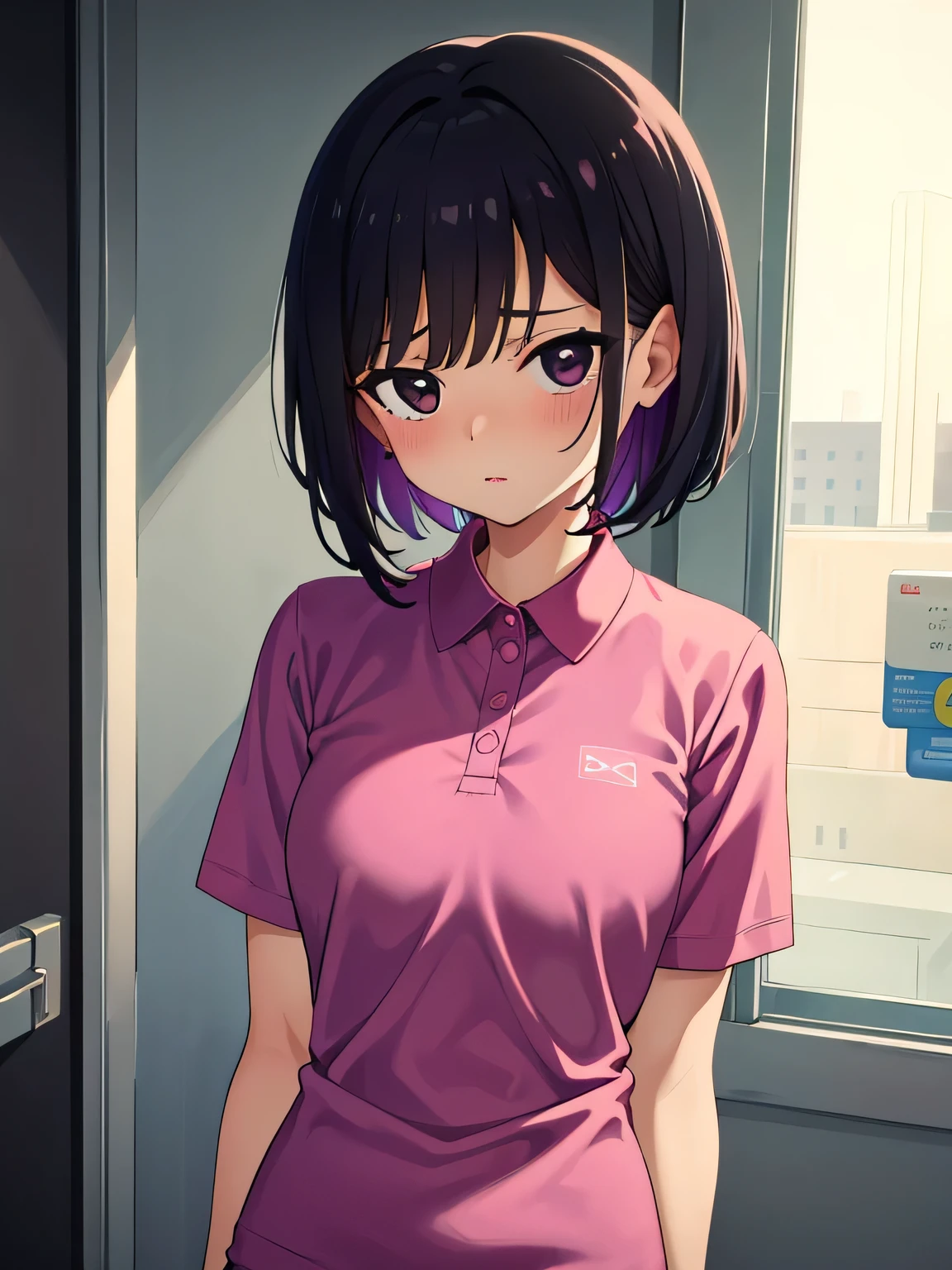 Detailed One Woman, blush, Sweat Embarrassed Smile, short hair, Black Hair, Flat Chest 8k, Very detailed, 16K, (naked), City Walking Black Eyes Pink Polo Shirt Short Sleeves Looking Down Showing Panties, White panties,