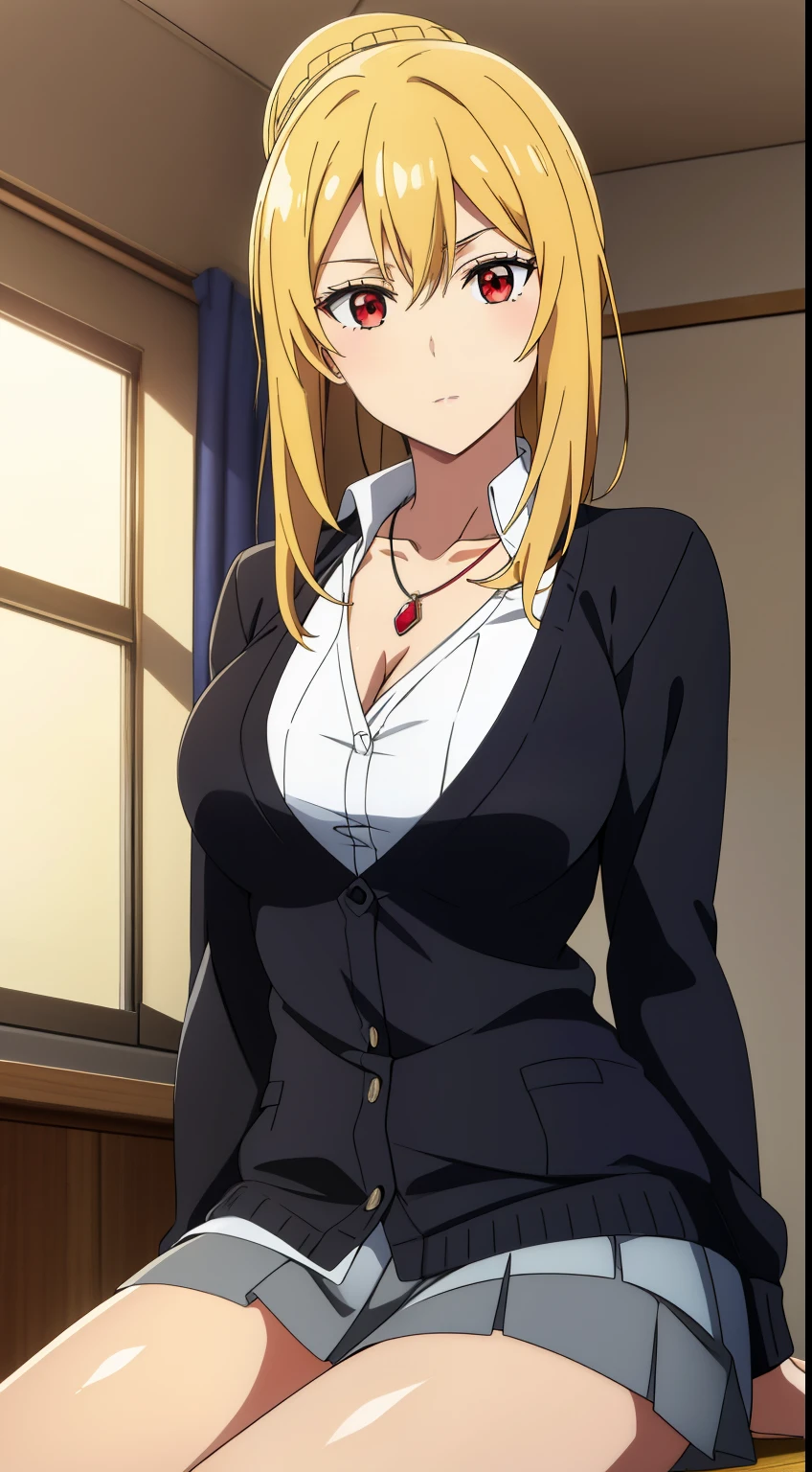 best quality, high resolution, 8K, anime art style, beautiful detailed eyes, extremely detailed face, soft expression, stylish pose, Angelica V4,1girl,solo,red eyes, (collared shirt, white shirt, necklace, jewelry, black sweater, cardigan, miniskirt, classroom, cowboy shot), looking at the audience, in the center of the image, beautiful large medium-sized breasts, beautiful face, slim waist, appealing, soft lighting,Crossing your legs, Sitting