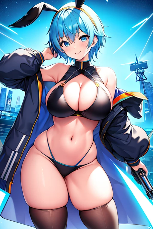 1girl, large breasts, breasts, thick thighs, wide hips, hourglass figure, toned, smile, light smile, blue hair, light blue hair, blue eyes, very short hair, pixie cut, thighhighs, bikini, black bikini, jacket, black jacket, open jacket, neon trim, neon, neon lights, blue trim, tech, machinery, science-fiction, futuristic, bunny ears, rabbit ears, cropped jacket, ((cropped jacket)), hands down, arms down, cleavage, arms down, hands down, highleg, highleg bikini