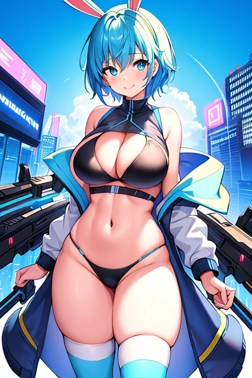 1girl, large , breasts thighs, wide hips, hourglass figure, toned, smile, light smile, blue hair, light blue hair, blue eyes, very short hair, pixie cut, thighhighs, bikini, black bikini, jacket, black jacket, open jacket, neon trim, neon, neon lights, blue trim, tech, machinery, science-fiction, futuristic, bunny ears, rabbit ears, cropped jacket, ((cropped jacket)), hands down, arms down, cleavage, armsands down, highleg, highleg bikini