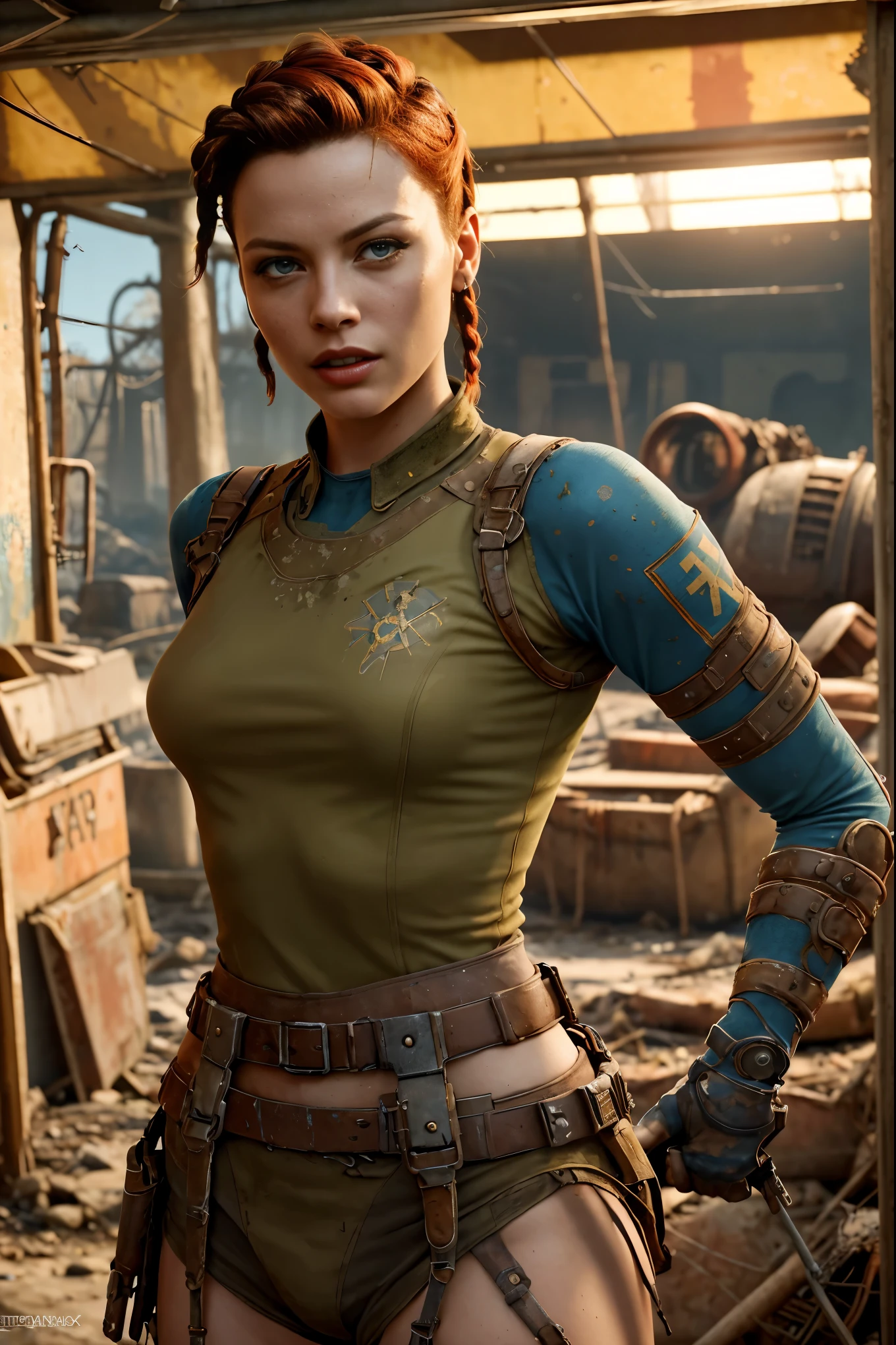A fierce and beautiful woman, (Grace Kelly:Gillian Jacobs:0.5), braided punk hairstyle, (wearing a revealing high detail raider outfit from Fallout 4), armed, high detail face, high detail skin, seductive expression, perfect body, (perfect proportions), a nuclear wasteland background with scattered ruins, high quality, (masterpiece), (realistic photo), intricately detailed, 8k, HDR, shallow depth of field, wide light, high contrast, backlight, sharp focus, RAW color photo, looking at the camera, vibrant colors, dynamic poses, in the style of Fallout 4