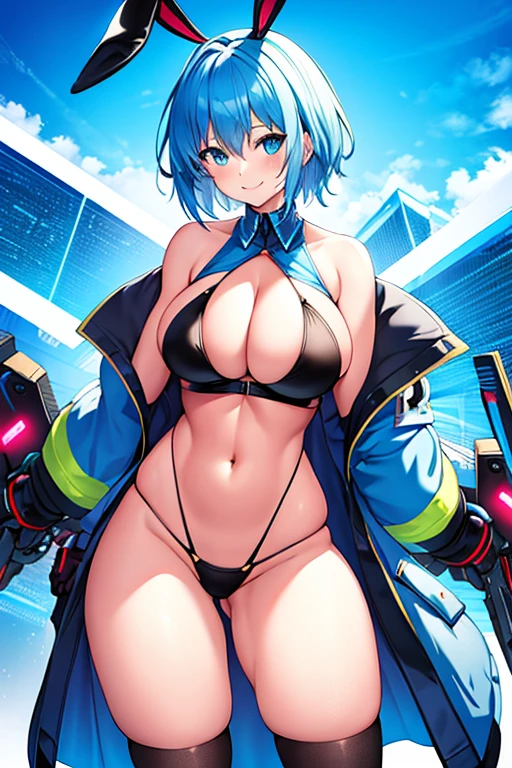 1girl, large breasts, breasts, thick thighs, wide hips, hourglass figure, toned, smile, light smile, blue hair, light blue hair, blue eyes, very short hair, pixie cut, thighhighs, bikini, black bikini, jacket, black jacket, open jacket, neon trim, neon, neon lights, blue trim, tech, machinery, science-fiction, futuristic, bunny ears, rabbit ears, cropped jacket, ((cropped jacket)), hands down, arms down, cleavage, arms down, hands down, highleg, highleg bikini