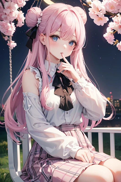 Adult Female, Pretty, Pale, Long Pink hair, black ribbons and hair buns, grey blue eyes, White blouse lace with sakura details, pastel pink plaid skirt, slight blush, moon accessory, constellation background, quiet confident expression, hand close to her mouth, white hamster on shoulder, she's on a dreamy swing