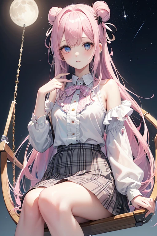 Adult Female, Pretty, Pale, Long Pink hair, black ribbons and hair buns, grey blue eyes, White blouse lace with sakura details, pastel pink plaid skirt, slight blush, moon accessory, constellation background, quiet confident expression, hand close to her mouth, white hamster on shoulder, she's on a dreamy swing