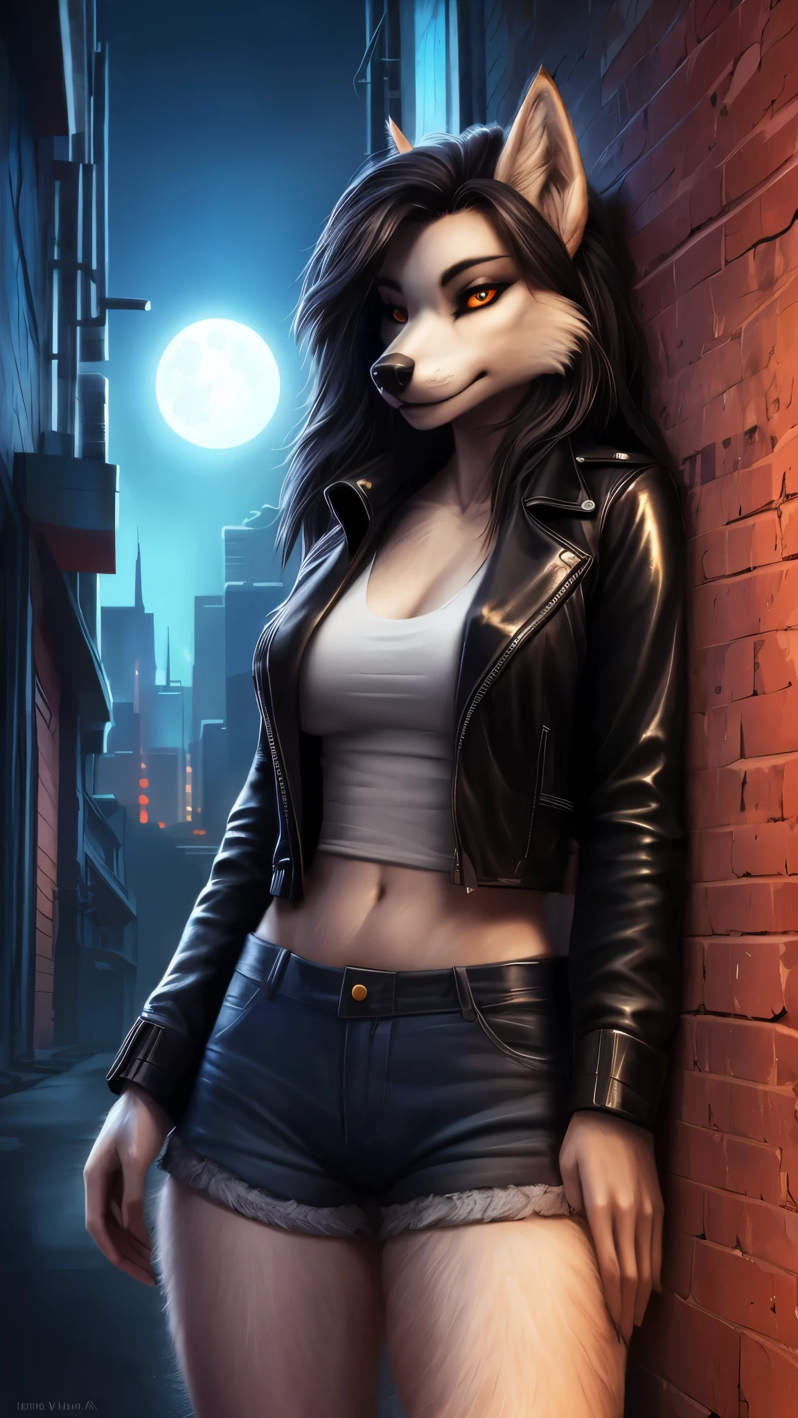 (best quality,4k,8k,highres,masterpiece:1.2), ultra-detailed, (realistic,photorealistic,photo-realistic:1.37), wolf girl , leaning, alley, detailed art, Iskra, fluffkevlar, Eipril NIGHT Super moon Cute. Detailed face. Approached there is a man in a leather jacket and a wolf, retrato de personaje peludo female, stylized urban fantasy artwork, high resolution commission, female lobo antropomorfo, retrato antro, an anthropomorphic cyberpunk fox, masterpiece retrato antro, un lobo antro, Arte Antro, retrato de personaje de cuerpo entero, un retrato del personaje Wolfi Cute (NIGHT MOON DARK)