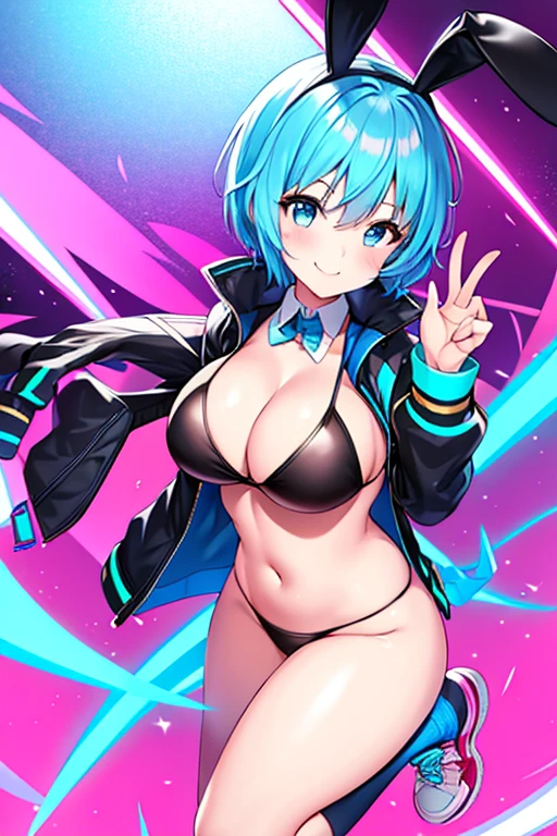 1girl, breasts, medium breasts, thick thighs, hourglass figure, toned, smile, light smile, blue hair, light blue hair, blue eyes, very short hair, pixie cut, shoes, sneakers, socks, ((socks)), bikini, black bikini, jacket, black jacket, open jacket, neon trim, neon, neon lights, blue trim, tech, machinery, science-fiction, futuristic, bunny ears, rabbit ears, cropped jacket, ((cropped jacket))