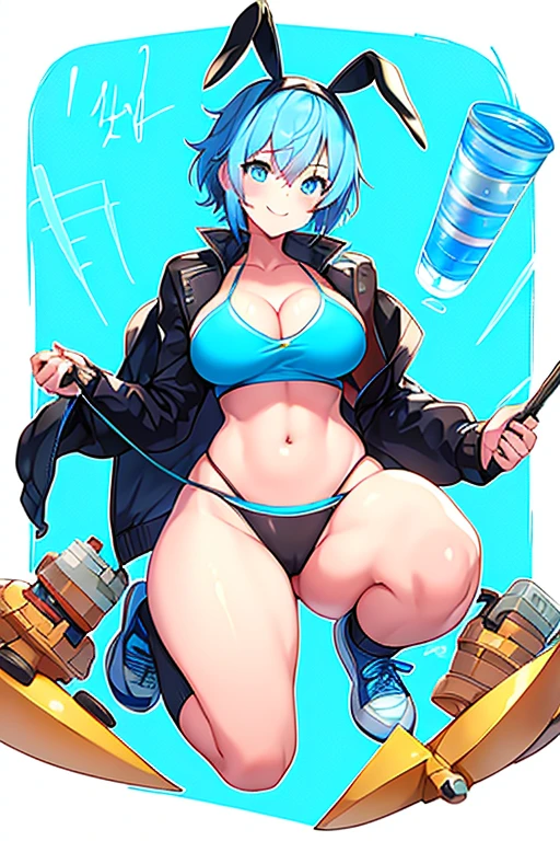 1girl, breasts, medium breasts, thick thighs, hourglass figure, toned, smile, light smile, blue hair, light blue hair, blue eyes, very short hair, pixie cut, shoes, sneakers, socks, ((socks)), bikini, black bikini, jacket, black jacket, open jacket, neon trim, neon, neon lights, blue trim, tech, machinery, science-fiction, futuristic, bunny ears, rabbit ears, cropped jacket, ((cropped jacket))