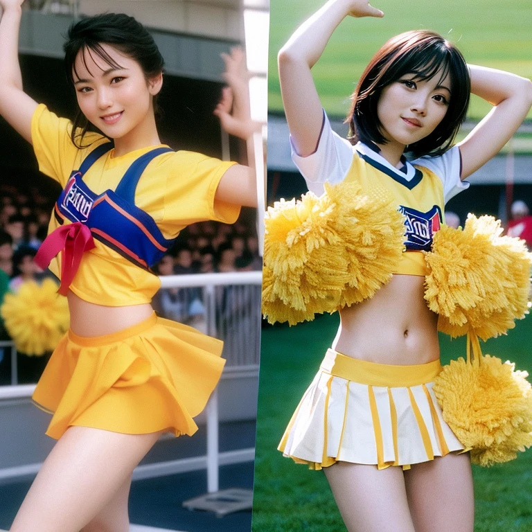 Holding a pom-pom in the stadium、Two Arafed Asian Cheerleaders in a Dynamic Pose, close, Cosplay Photos, Anime Cosplay, Small breasts, RAW Photos, highest quality, High resolution, (masterpiece), (Realistic:1.4), Professional photography, Sharp focus, High resolution, 8k resolution, Intricate details, Depth of written border, Highly detailed CG Unity 8k wallpaper, Front light, Browsing Caution, woman, girl, Beautiful Supermodel, smile, thin, Small cheer uniform, yellow,
