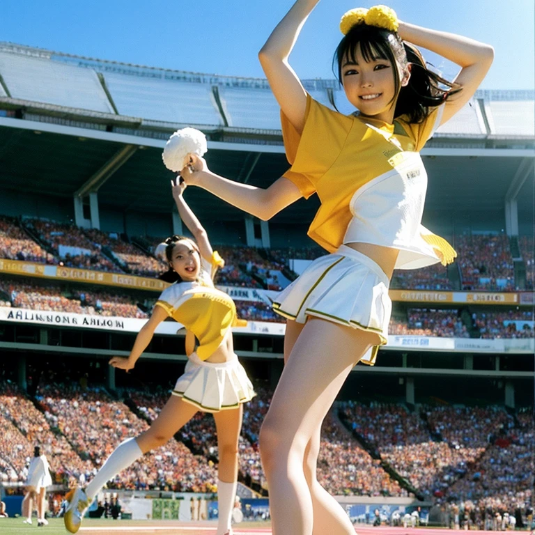 Two cheerleaders from Alafed Asia posing in stadium with pom-poms in hand, close-up, anime girl cosplay, close-up, cosplay photo, anime cosplay, , Japan mascot, arms up and showing sides
