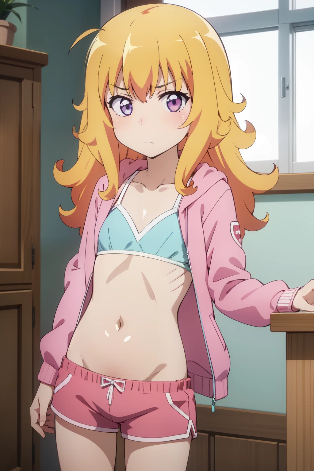 absurdres, highres, ultra detailed, Gabriel tenma , disappointed face , solo , pink jacket, open clothes, bra , flat chest ,shorts , looking at viewer , bedroom .