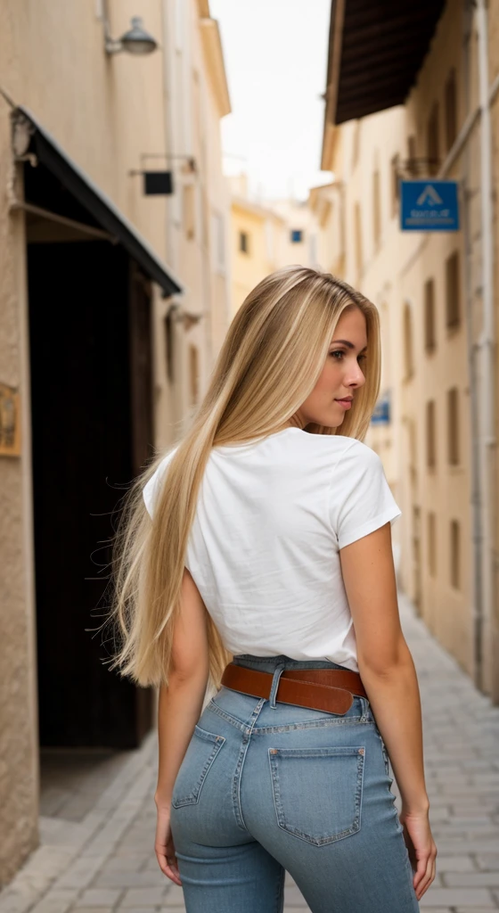 A 23 year old blonde woman, ((big breasts)), ((hyperrealism)) ,. Blonde hair with light brown roots. blonde hair, Hair with brown roots, extra long hair, very long hair, very long hair, very long hair, very long hair, very long hair, very long hair, beautiful, back view, take a photo, Photo taken, full body, in wearing a white t-shirt, and jeans with a stylish belt, showing her ass, first-rate ass, huge ass, with a low-cut top, photo at the street of port monaco, high quality, Nikon D850 film stock photograph Kodak Portra 400 camera f1.6 lens, full body, sexy body, sexy body.