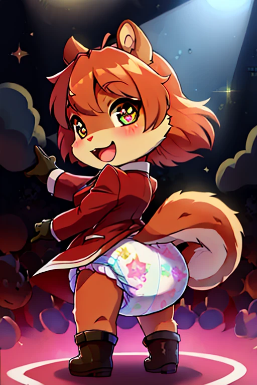 boy, squirrel, furry, bodyfur, blazer, , , gloves, boots, chibi, sparkling eyes, idol, dancing, singing, looking back