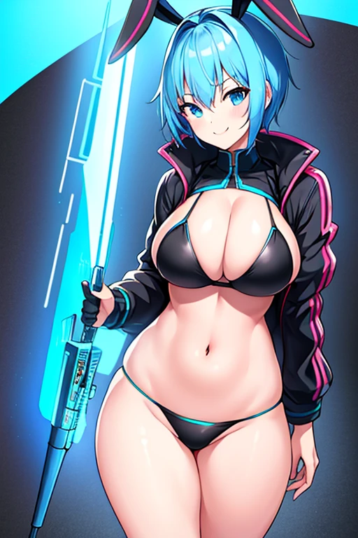 1girl, breasts, medium breasts, thick thighs, hourglass figure, toned, smile, light smile, blue hair, light blue hair, blue eyes, very short hair, pixie cut, shoes, sneakers, socks, ((socks)), bikini, black bikini, jacket, black jacket, open jacket, neon trim, neon, neon lights, blue trim, tech, machinery, science-fiction, futuristic, bunny ears, rabbit ears, cropped jacket, ((cropped jacket))